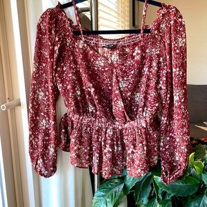 Peplum long sleeve brick floral blouse